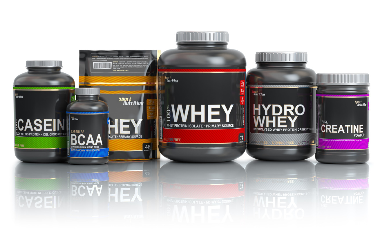 Professional-grade protein and supplement bottles